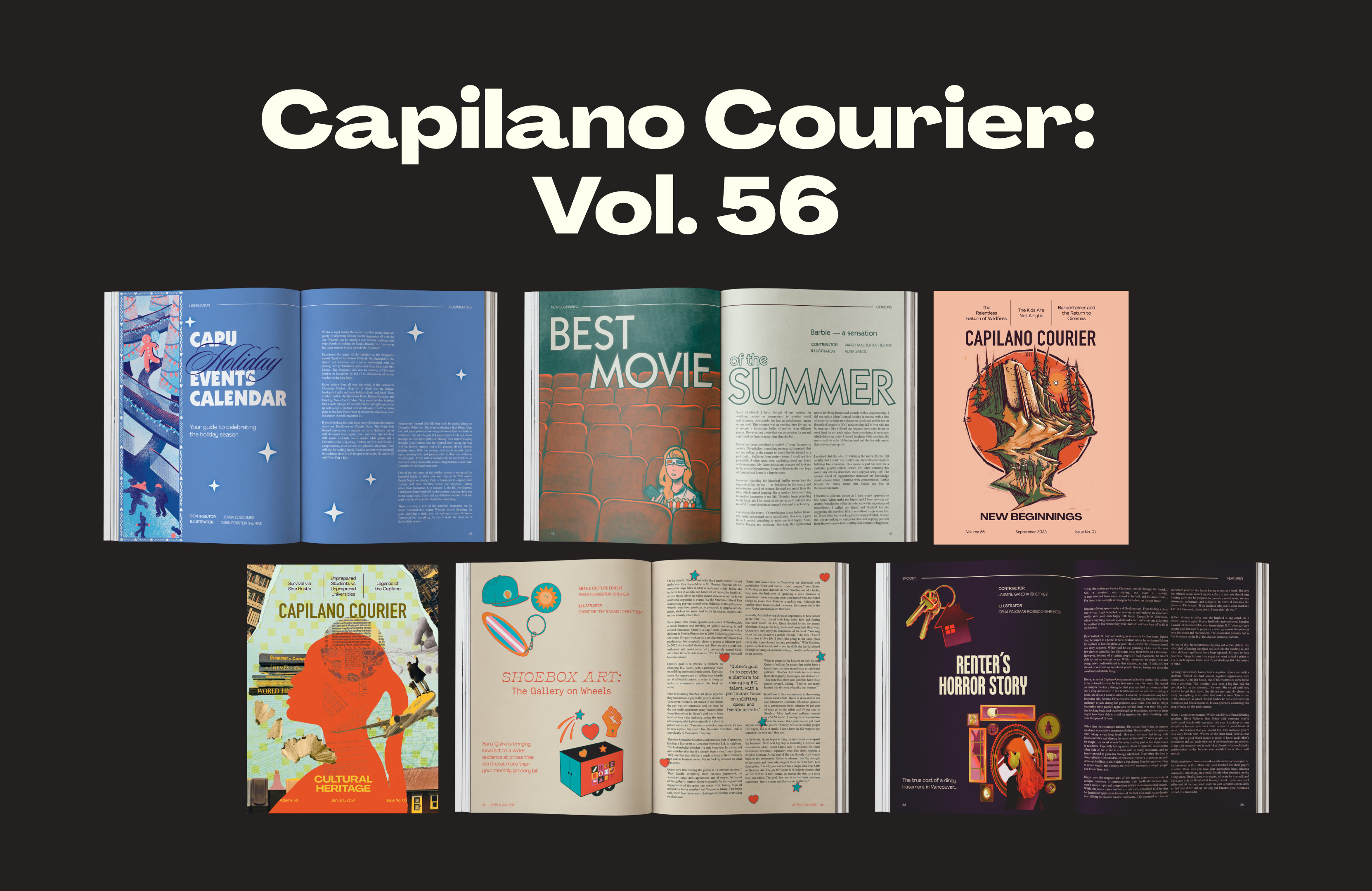 Example spreads for Capilano Courier's Vol. 56. Includes issues from September-December