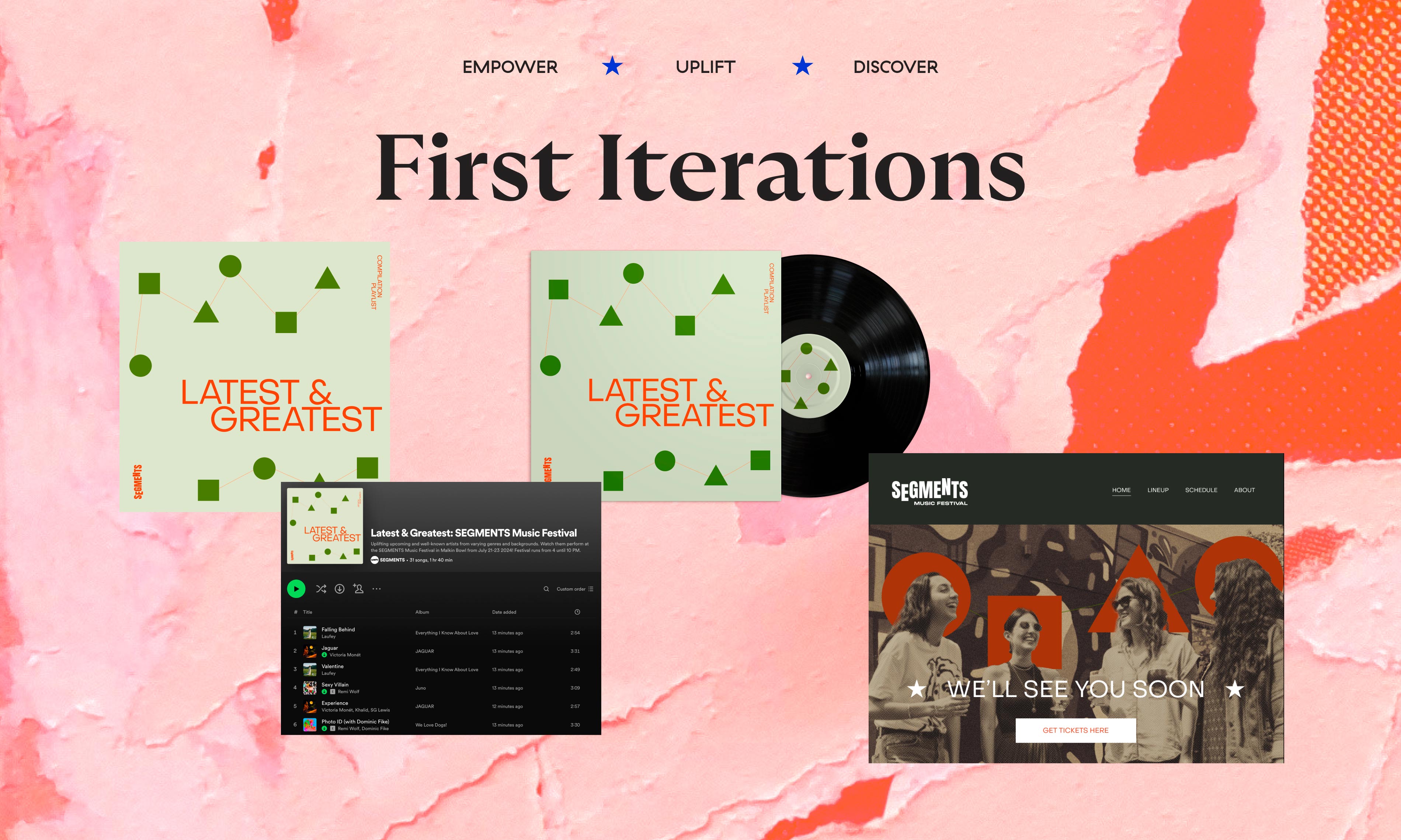 Segments Music Festival First Iterations: Branded Vinyl, Website homepage, and Spotify Playlist cover