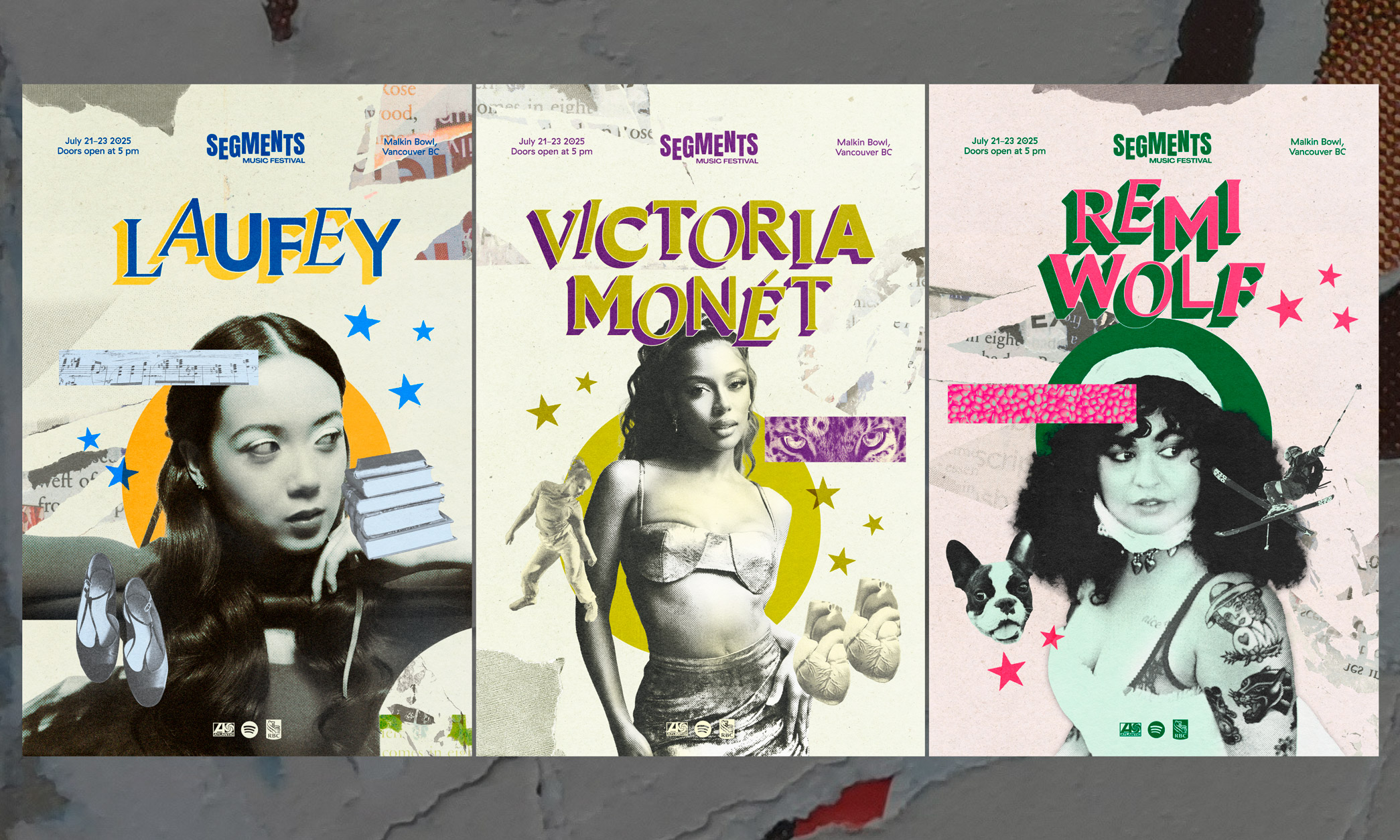 Segments Music Festival Poster Design: Remi Wolf, Laufey, and Victoria Monet posters that have a similar collage style. Includes images that are a part of artist's hobbies and interests