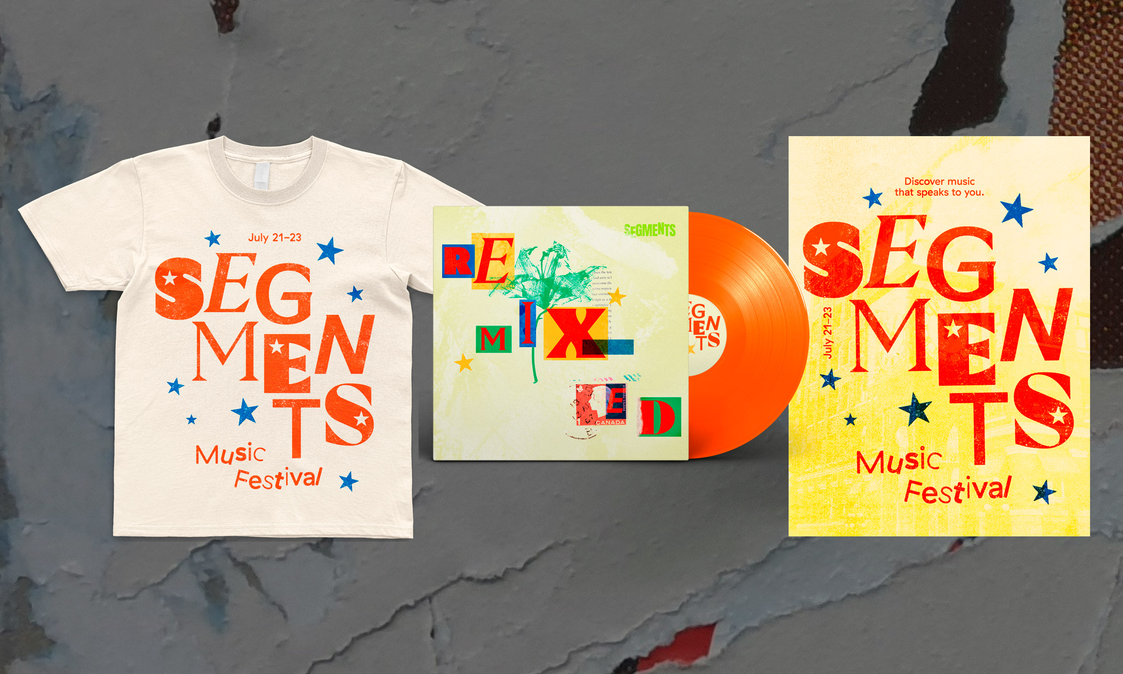 Segments Music Festival Merch Design: Branded Vinyl called Remixed, Shirt with 'Segments Music Fest' text, and poster with same design as shirt.