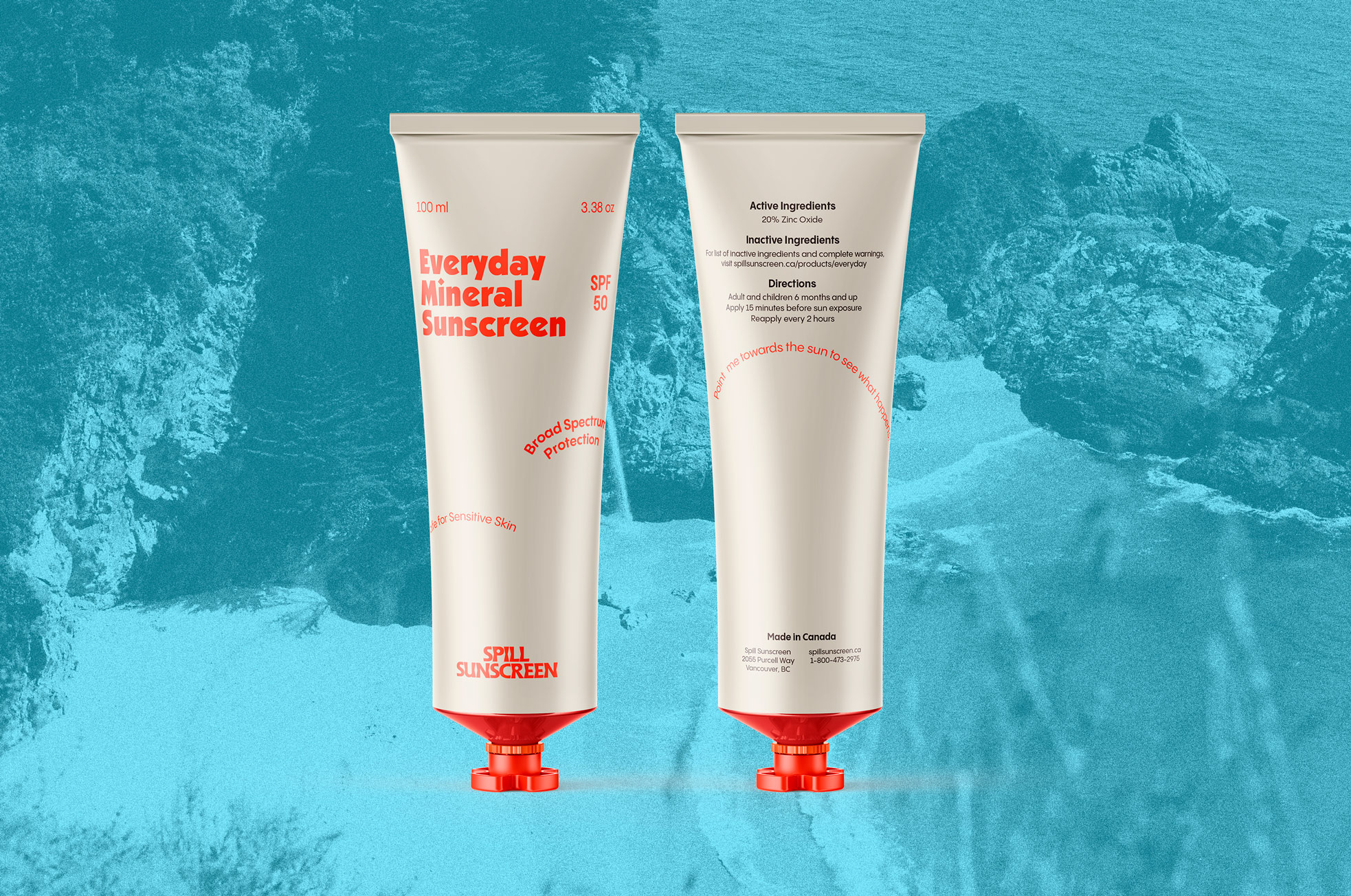 Second iterations of Spill Sunscreen Packaging